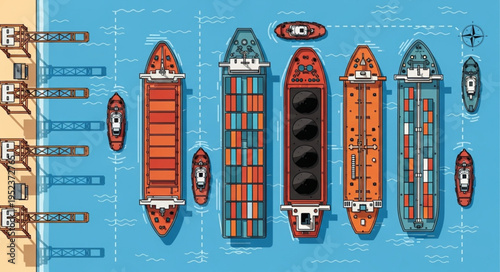 Aerial View of Cargo Ships Docked at Port.