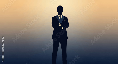 Silhouette of a confident businessman in a suit, arms crossed, against a gradient background