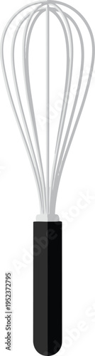 A whisk with a black handle and seven thin metal wires for mixing ingredients. Vector, illustration