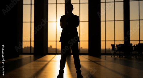 Silhouette of a confident businessman standing in a modern office at sunset, arms crossed