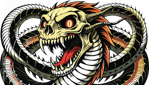A vibrant illustration of a skull with snakes emerging from it