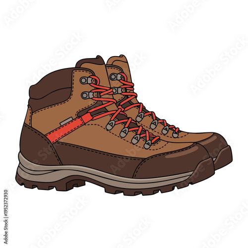 A pair of brown leather hiking boots with red laces and accents