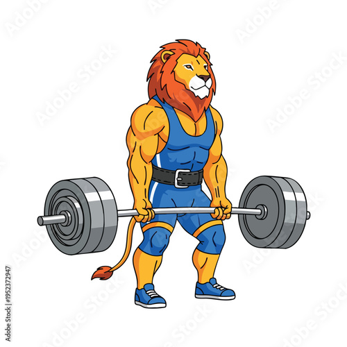 Anthropomorphic lion in weightlifting attire performs a deadlift with a barbell