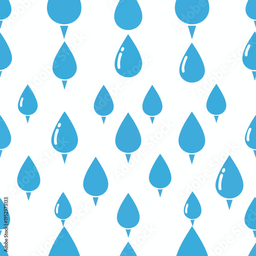 Seamless pattern of falling blue water drops with highlights on a white background