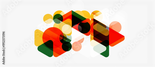Abstract geometric shapes overlap, creating colorful composition. Circles, triangles, squares blend into modern design.