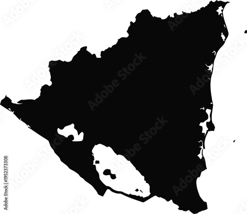 Black silhouette map of the country of nicaragua featuring major lakes on white background