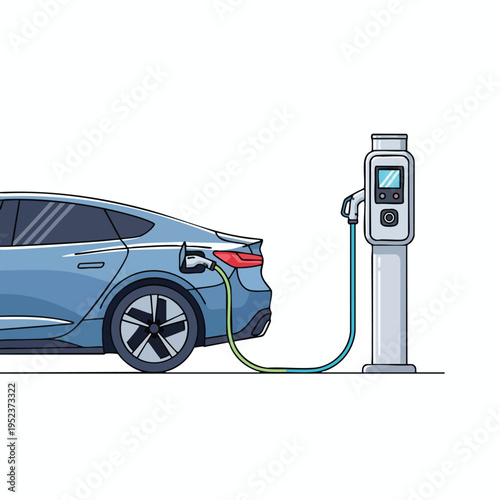 Blue electric car charging at a modern station, clean energy concept