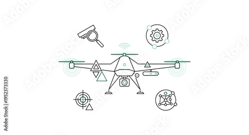 Drone technology illustration with various symbols and design elements.