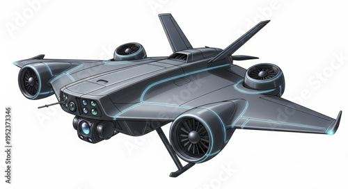 Futuristic aircraft design showcasing advanced technology and sleek aerodynamic features in flight.