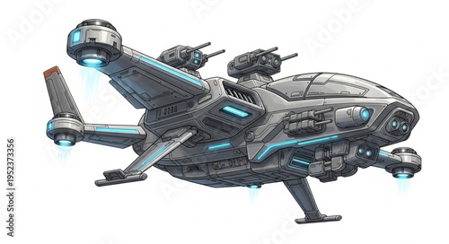 Futuristic spaceship with advanced technology and weaponry, ready for interstellar travel and exploration.