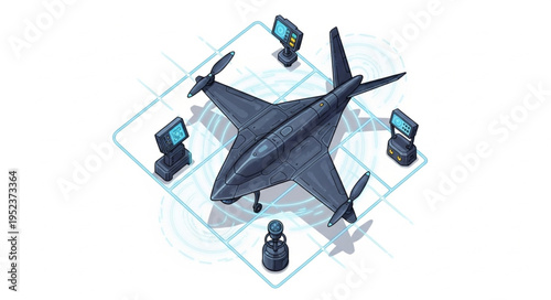 A detailed aerial view of a modern drone and its surrounding monitoring stations.