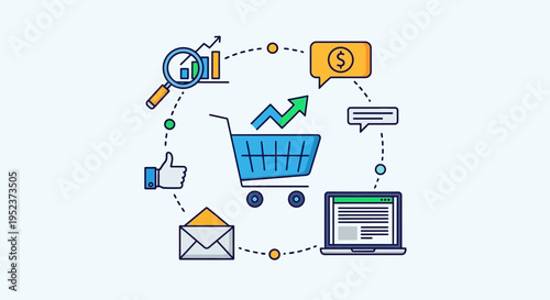 E commerce and marketing concept illustration with shopping cart and icons