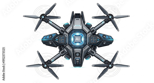 Futuristic drone design with multiple propellers and advanced technology features.