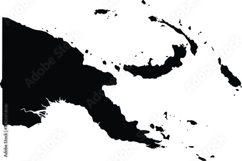 Black silhouette map of papua new guinea including its main islands and surrounding archipelagos.