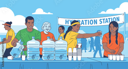 People working at a hydration station during an event.