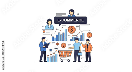 E commerce illustration business team with charts shopping cart and speech bubbles