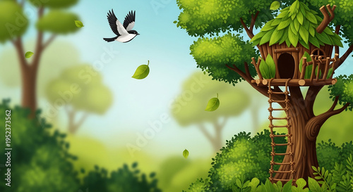 木の家と鳥が飛んでいる