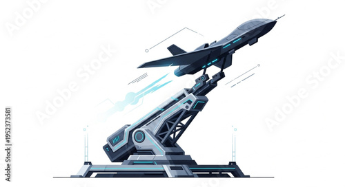 Futuristic drone launching from a complex mechanical platform, ready for flight.