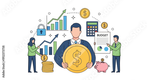 Financial planning concept illustration featuring people with money and charts