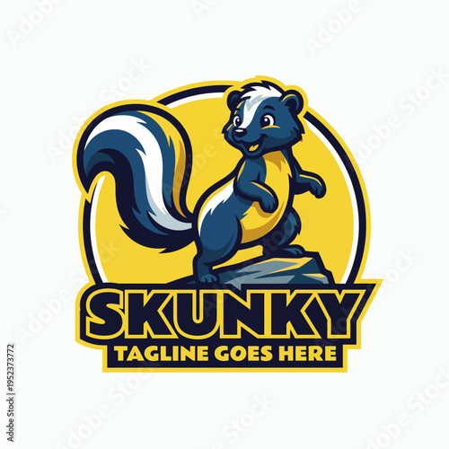 A cheerful skunk character stands proudly on a rock, ready for branding or promotional uses, showcasing a fun and playful design style suitable for various projects.