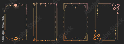 Mystical tarot card back with celestial sun, moon and stars in ornate golden frame, vector illustrations. Esoteric borders with magic symbols, spiritual snake patterns for horoscope design.