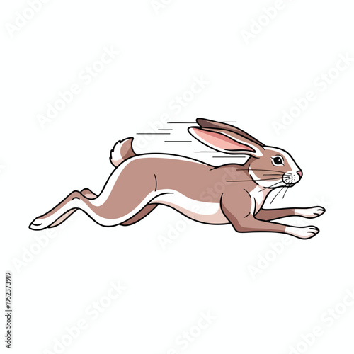 Stylized brown and white rabbit in mid-air, sprinting right with speed lines