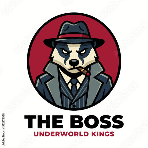 Bold and striking logo featuring a badger in a suit, exuding power and dominance, ideal for a brand with a mysterious or authoritative theme in gaming or entertainment.