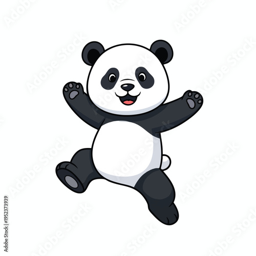 A cheerful, cartoon panda bear leaps with joy, its arms outstretched and legs splayed