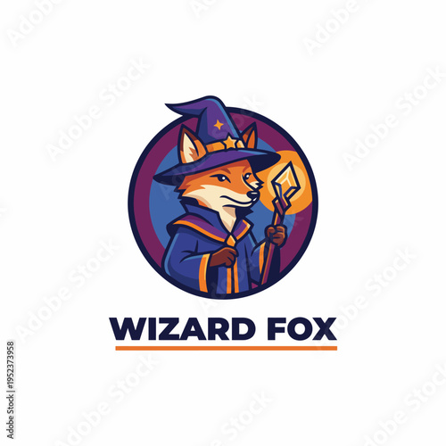 This enchanting logo depicts a clever fox dressed as a wizard, holding a staff, blending fantasy with whimsical charm, making it ideal for creative brands and storytelling.