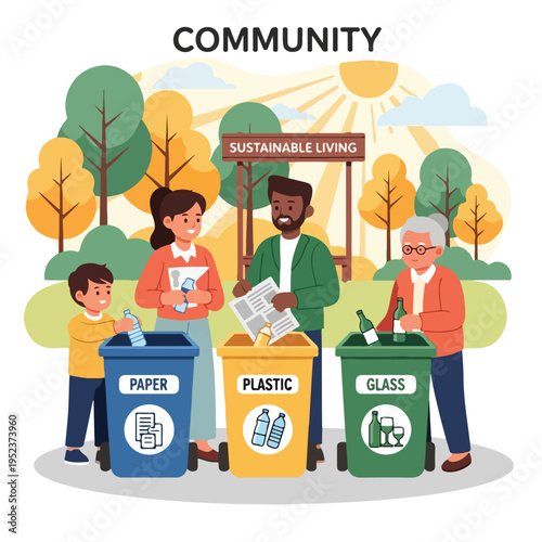 People recycling paper plastic glass.