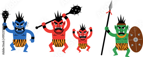 Cartoon monster warriors collection, fantasy goblin fighters with weapons shields and clubs, colorful game character vector illustration set