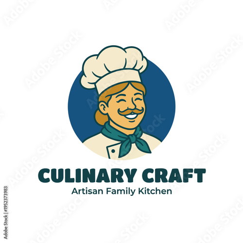 A cheerful chef logo for Culinary Craft captures the essence of homemade cooking, featuring a smiling chef that embodies warmth and family values in the culinary experience.