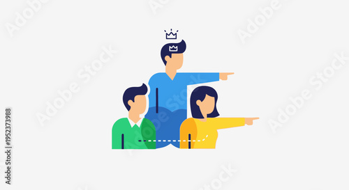 Leadership illustration person pointing to others with a crown above their head