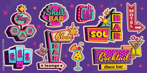 Vintage neon bar and motel signs with retro arrows and glowing lights. Vector cartoon illustration of classic American roadside signage set, vibrant nostalgic hotel, casino, diner signboard collection