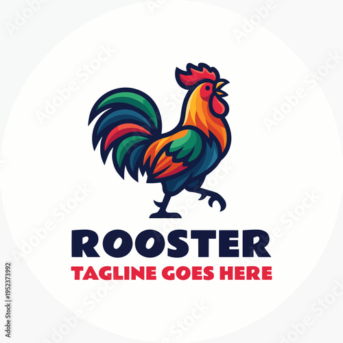 A vibrant rooster is featured in this graphic, showcasing strong colors and bold typography, representing vitality and awakening, suitable for farm or kitchen decor.