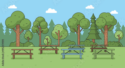 Picnic Tables in a Lush Green Park Setting.