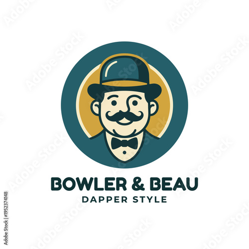 Stylish logo showcasing a dapper gentleman with a bowler hat and a mustache, ideal for fashion, tailoring, or lifestyle brands looking for a sophisticated image.