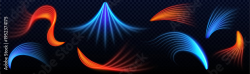 Fresh and hot air flow with cool blue and red heat lines, warm and cold light effects, realistic vector isolated on transparent background. Flowing wind patterns and clean breeze texture design