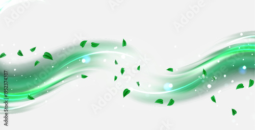 Fresh green leaves swirling in dynamic air flow with mint energy trails, abstract wind patterns. Realistic vector background with natural spring dynamic motion, clean botanical design