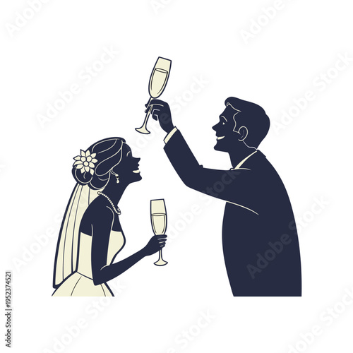 A silhouette illustration of a happy bride and groom toasting with champagne glasses at wedding