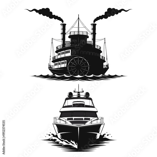 Vintage Paddlewheel Riverboat and Luxury Motor Yacht Silhouettes on Water – Classic and Modern Marine Transport Contrast