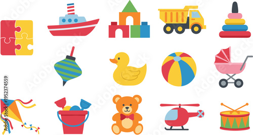 Colorful flat children toys icon set, puzzle, boat, truck, blocks, duck, ball, teddy, helicopter, drum, kite, stroller, bucket vector illustration