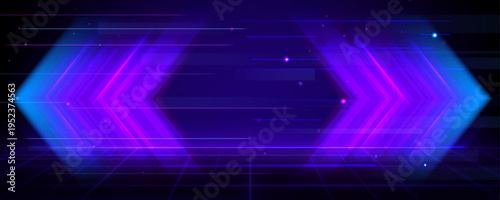 Neon arrow with glowing light trails on dark background, 3d abstract vector bg. Dynamic digital speed effect in blue and purple colors. Futuristic technology arrow concept for web design