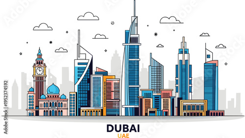 Dubai city skyline minimalist linear vector illustration featuring the Burj Khalifa skyscraper and modern landmarks in blue outline.