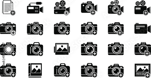 Camera and photography icon set featuring photo capture, video recording, gallery, and media elements in clean black silhouette style