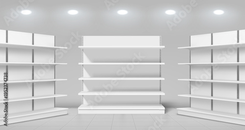 3D supermarket shelves mockup with realistic white display stand, vector background. Empty wooden retail store interior with tile floor and ceiling lights, product placement, commercial merchandising