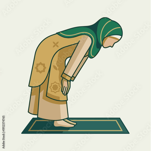 Muslim Woman Performing Ruku Bowing Prayer on Rug - Islamic Salah and Worship Vector Illustration