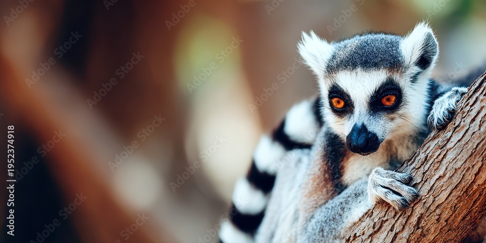 Fototapeta premium Ring-tailed lemur perched on a tree branch, observing