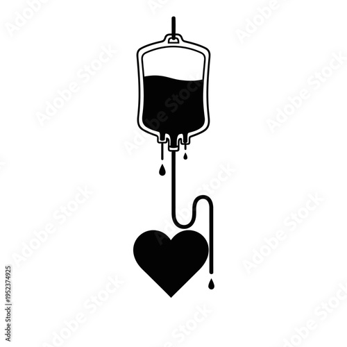Blood IV drip into heart symbol.