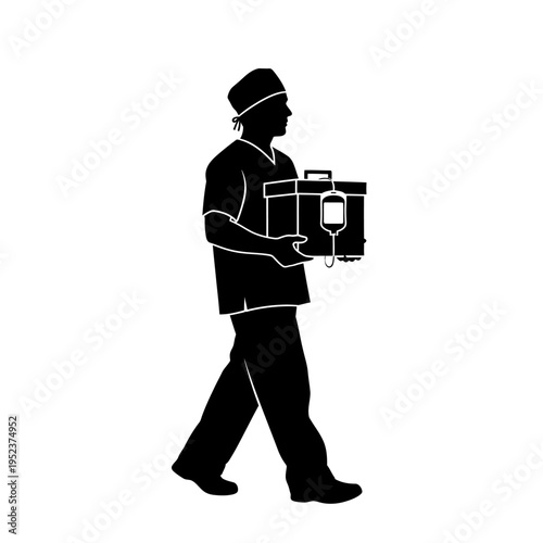 Delivery man carrying medical equipment.
